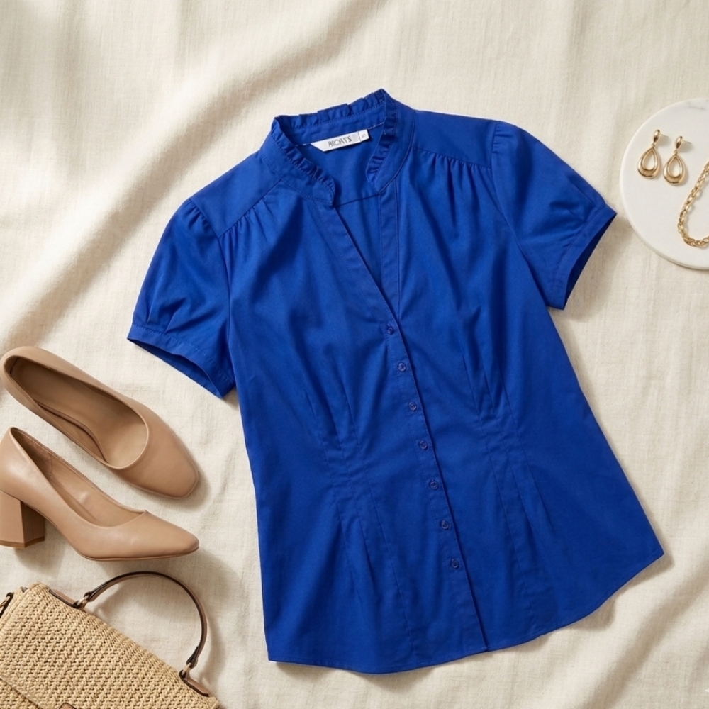 Ricki’s Size 16 Royal Blue Mandarin Collar Split Neck Short Sleeve Blouse Office